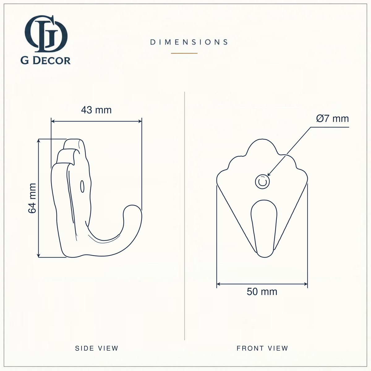 Size drawing of the scallop shell ceramic hook: 64 mm tall, 50 mm wide, 43 mm out from the wall, screw hole 7 mm across