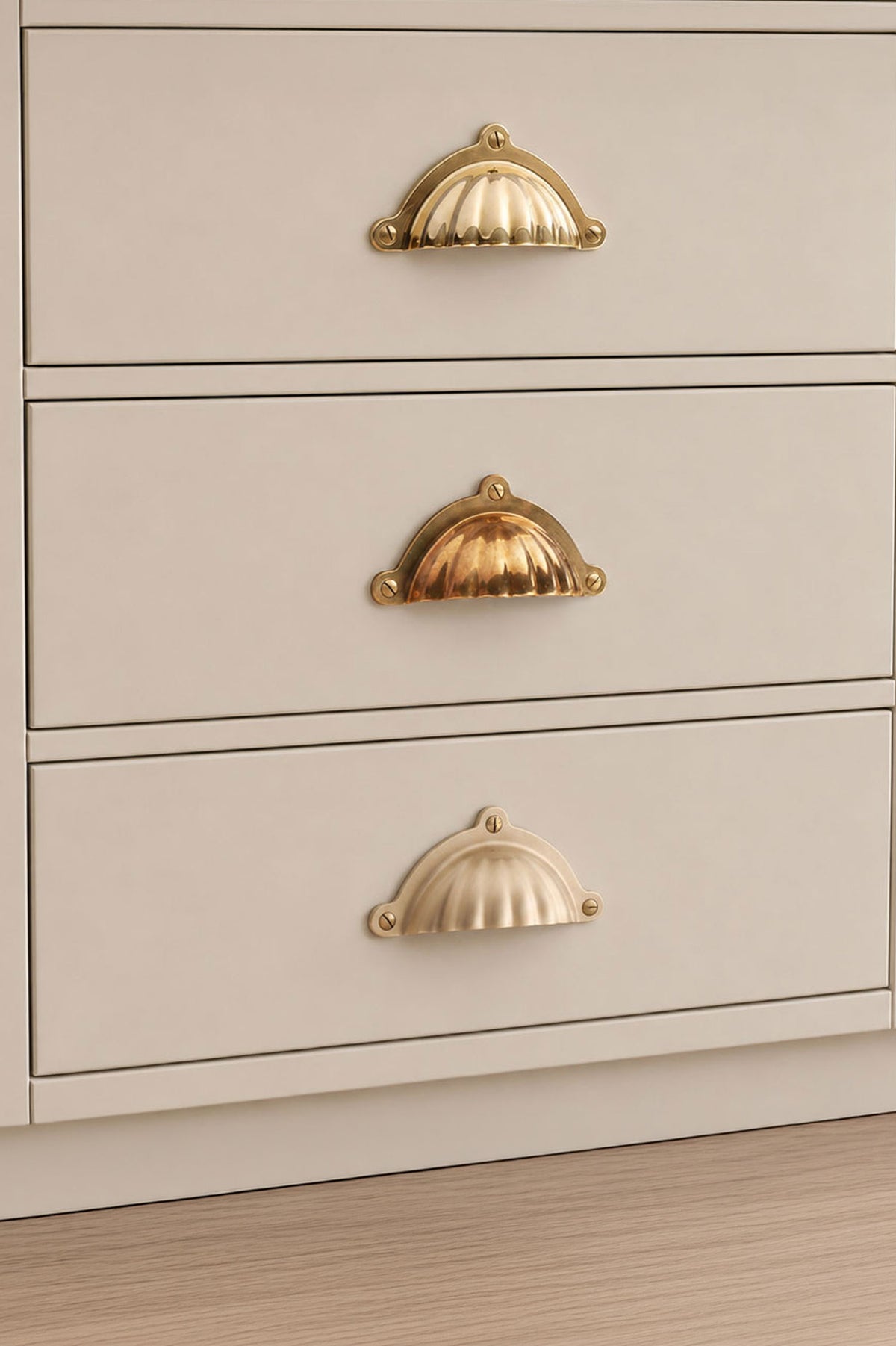 Scalloped cup pull in polished, aged and satin brass, second view