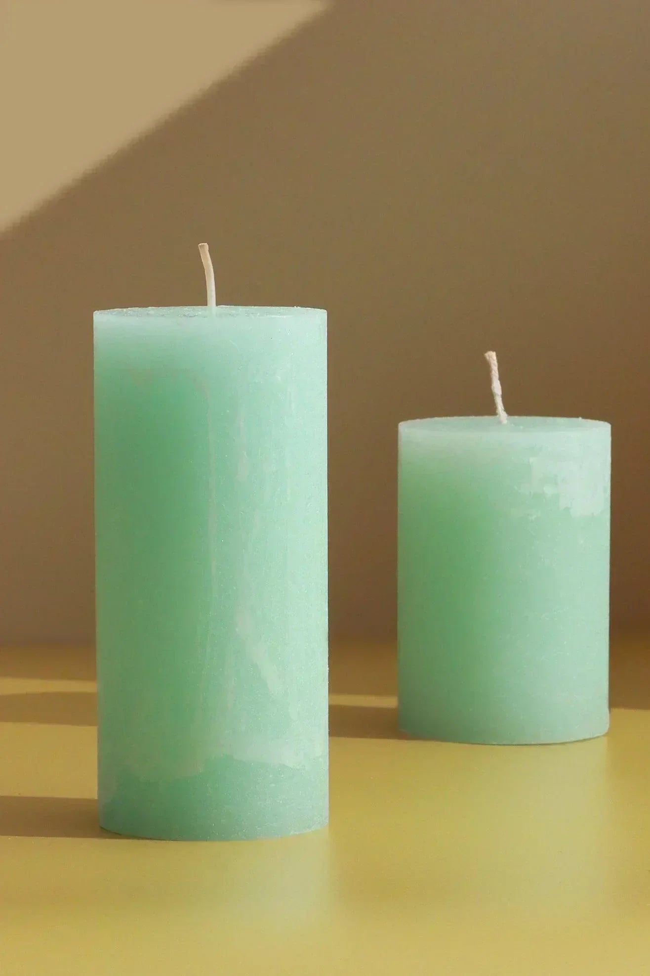 Scented Breeze Marbled Pillar Candle in Green with Garden Retreat — close-up view, G Decor