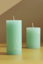 Scented Breeze Marbled Pillar Candle in Green with Garden Retreat — close-up view, G Decor