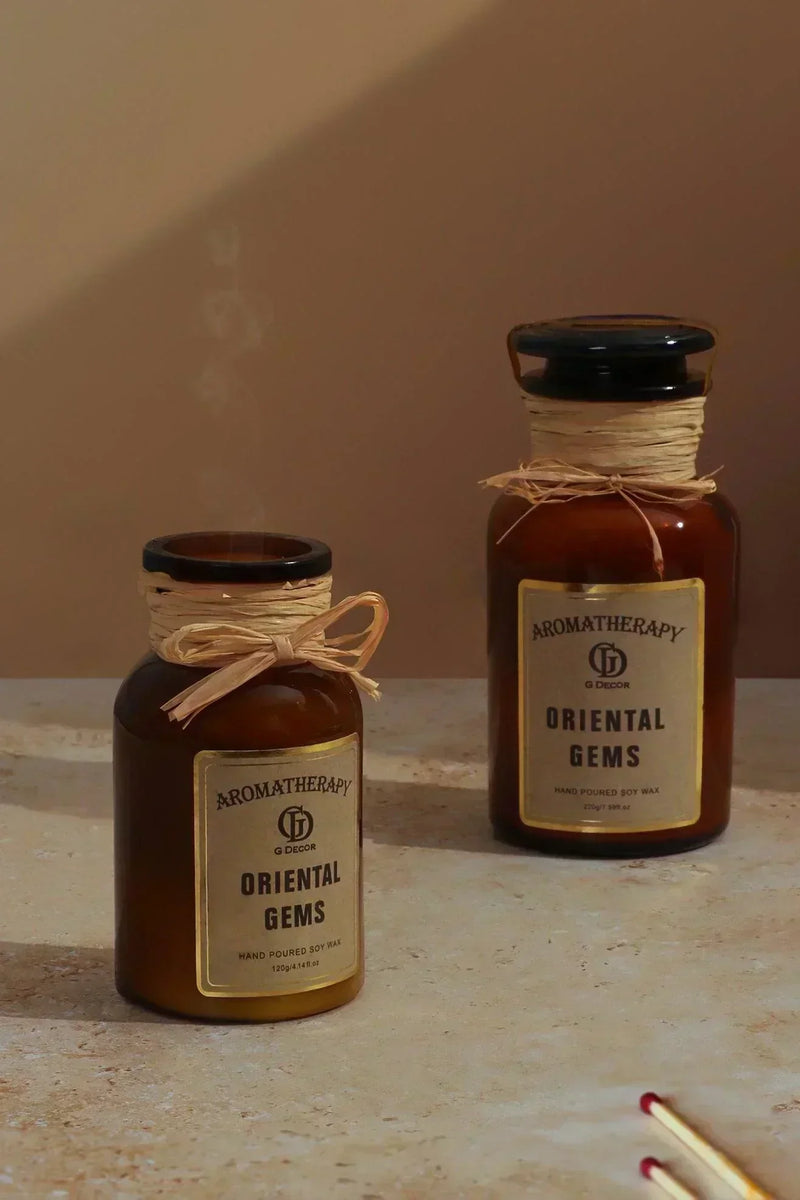 Oriental Gems Elixir Soy Wax Scented Candle in Amber Apothecary Jar