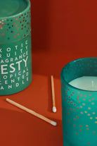 Zesty Tropical Pineapple Scented Candle in Blue Polka Dot Glass Jar — close-up view, G Decor