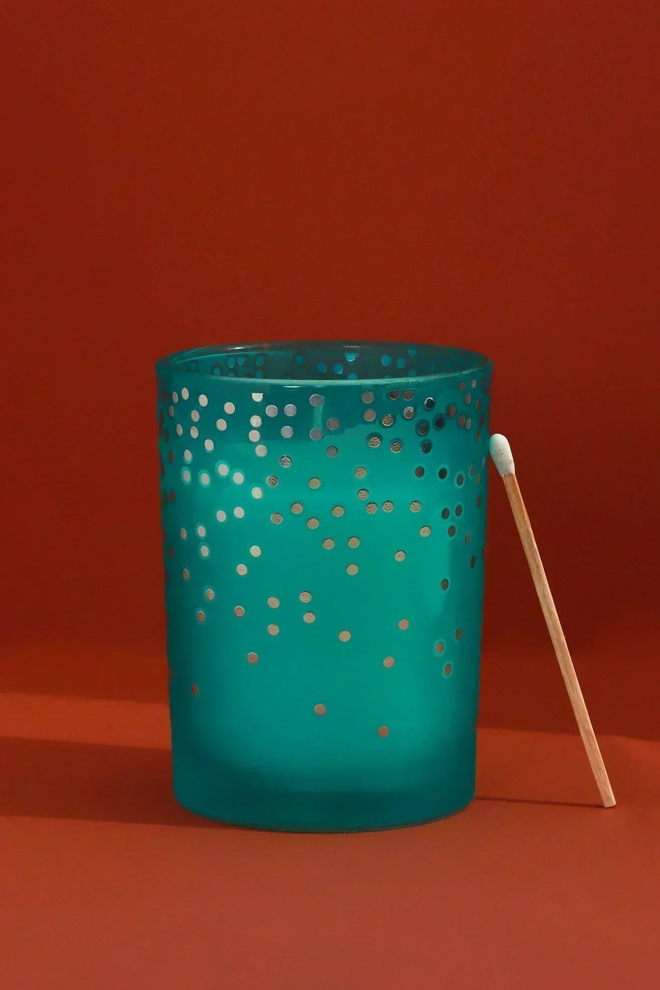 Zesty Tropical Pineapple Scented Candle in Blue Polka Dot Glass Jar — lifestyle view, G Decor