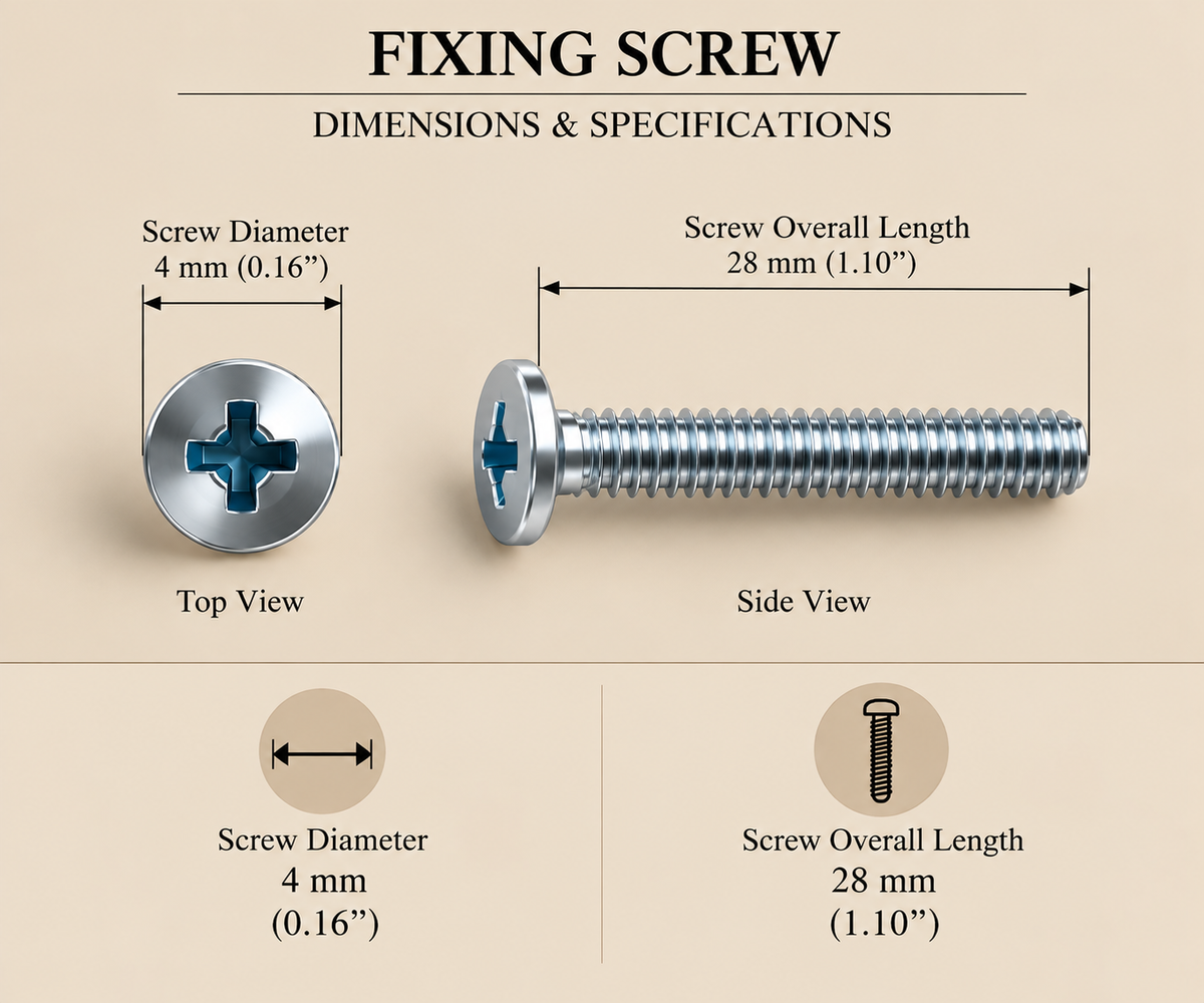 Fixing screw specification, M4 x 28mm countersunk cross head