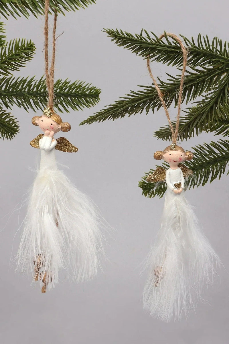 Pair of Hand-Painted Soft Feather Angels in White and Gold