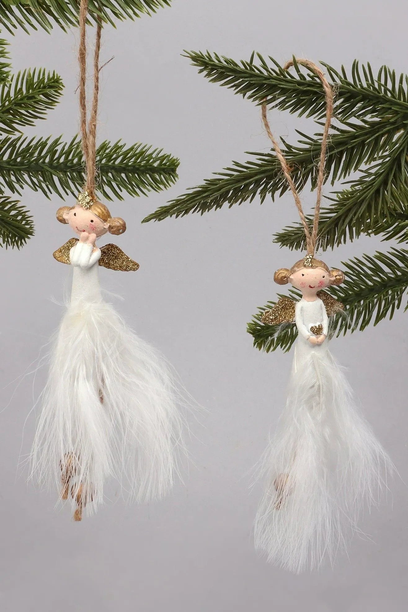 Pair of Hand-Painted Soft Feather Angels in White and Gold