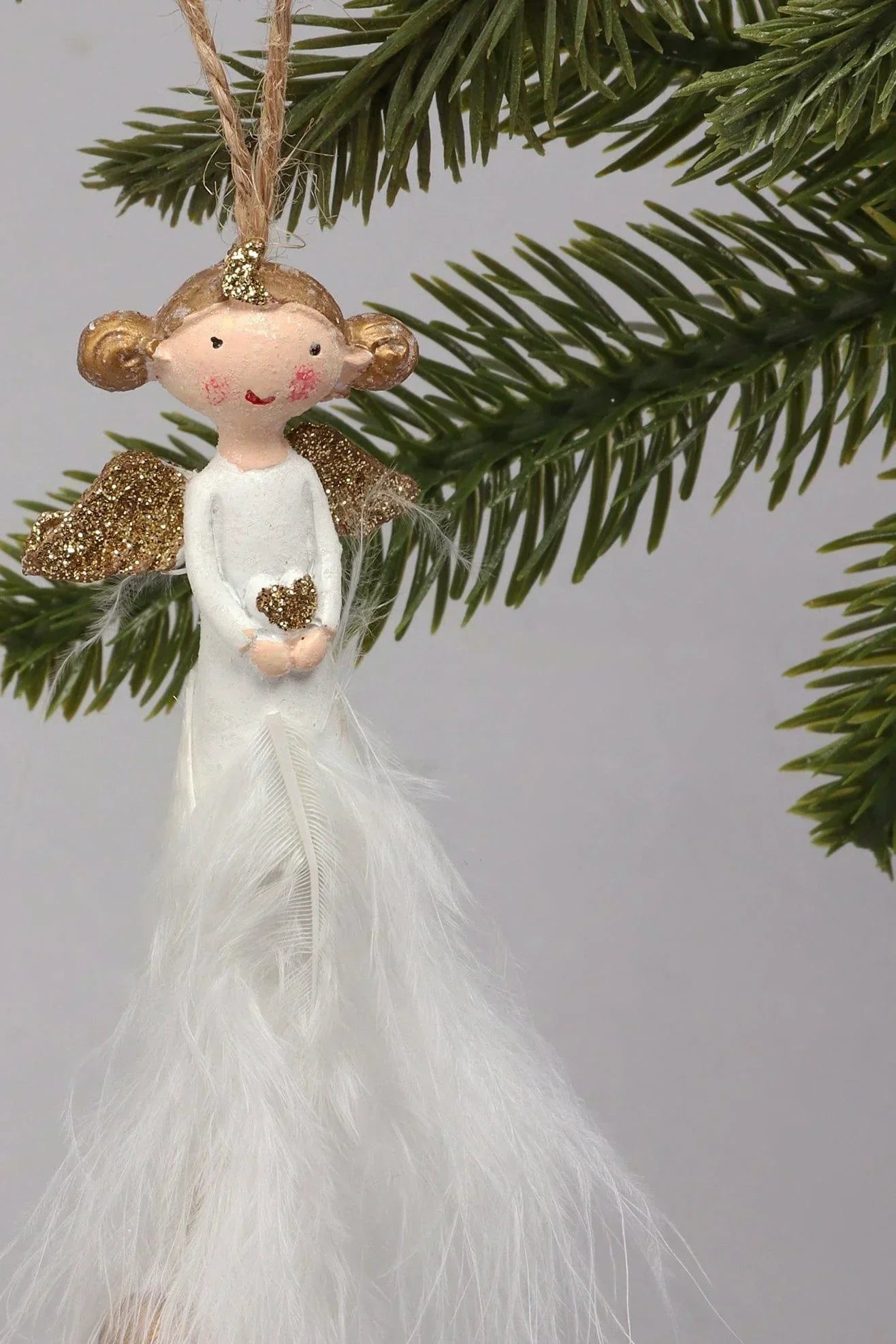 Pair of Hand-Painted Soft Feather Angels in White and Gold — close-up view, G Decor