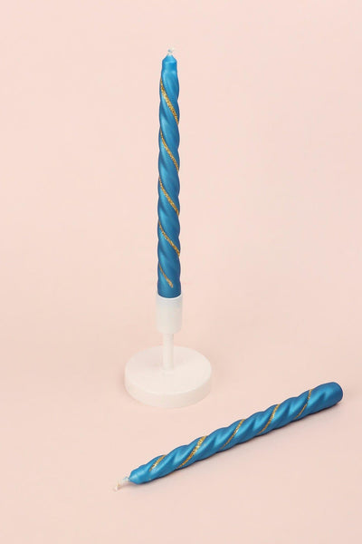 G Decor Candles & Candle Holders Blue Set of 2 Blue Twisted Dinner Candles with Glitter Stripe