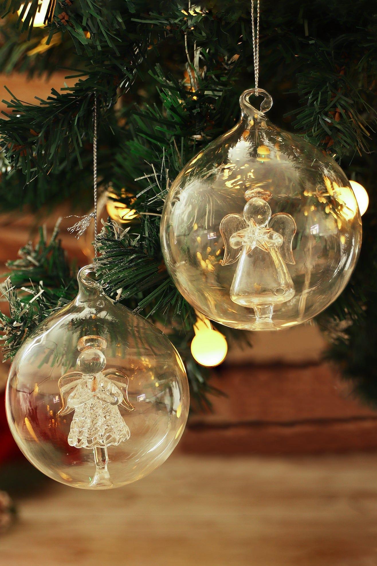 Set of 2 Hand-Blown Glass Angel Christmas Tree Baubles Clear Hanging Ornaments - G Decor