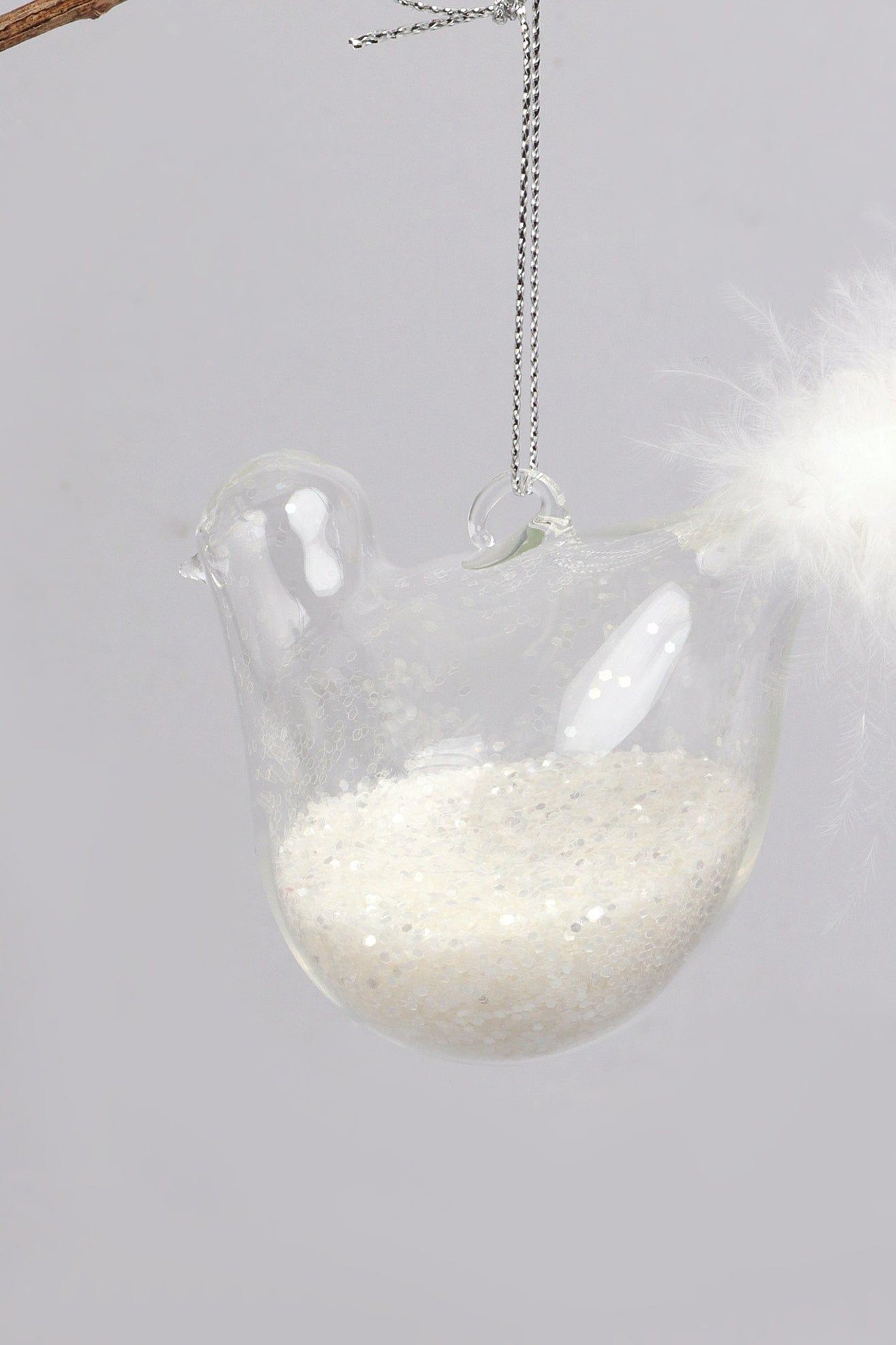 Set of 2 Hand-Blown Glass Dove Pair Birds Christmas Tree Decorations with White Feather Tails & Snow Filled Detail - G Decor