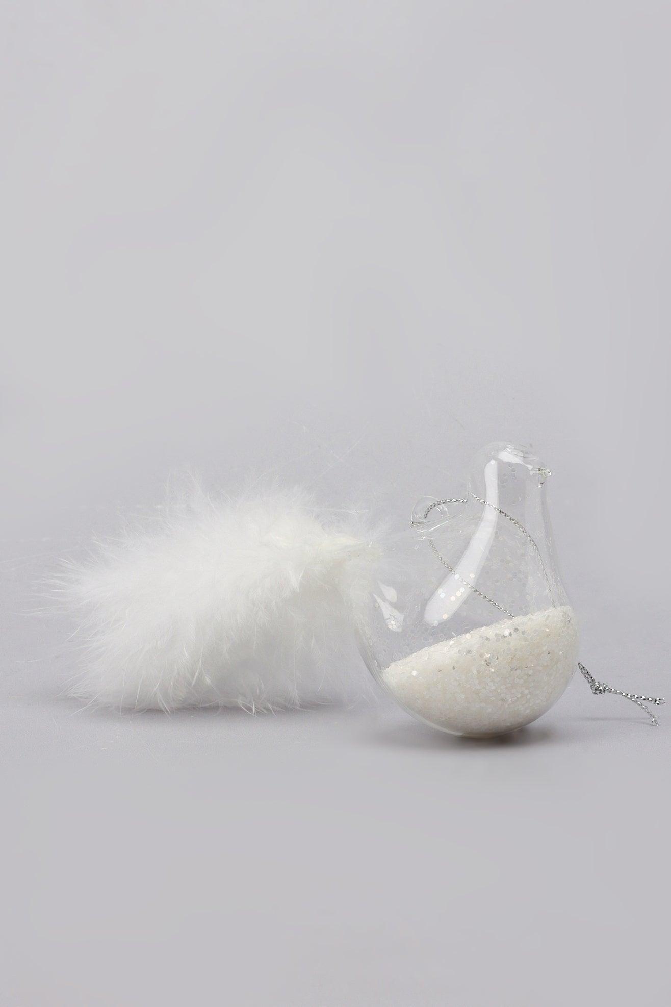 Set of 2 Hand-Blown Glass Dove Pair Birds Christmas Tree Decorations with White Feather Tails & Snow Filled Detail - G Decor