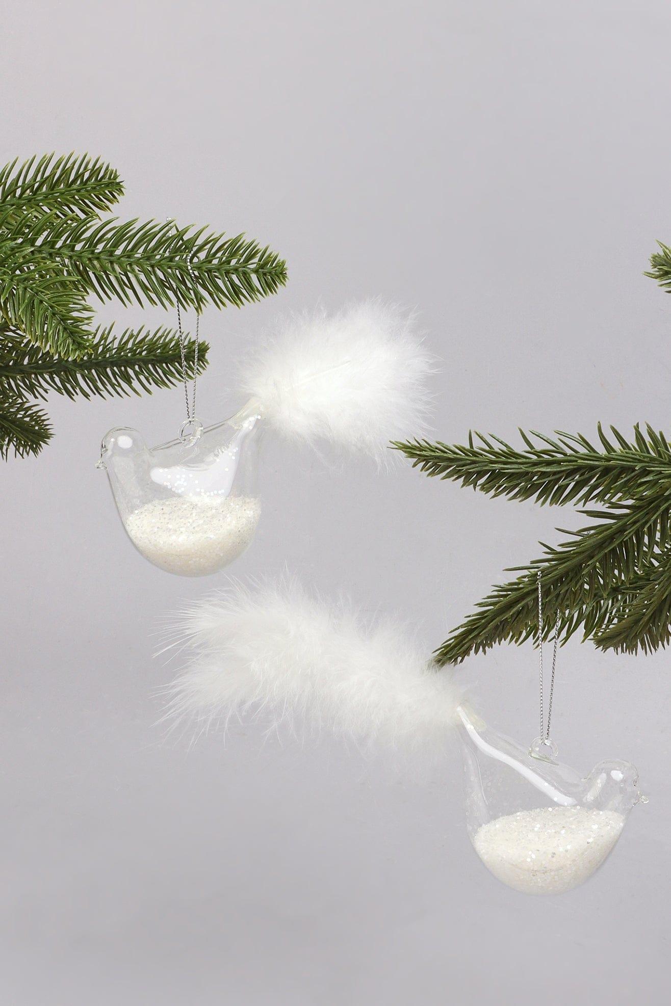 Set of 2 Hand-Blown Glass Dove Pair Birds Christmas Tree Decorations with White Feather Tails & Snow Filled Detail - G Decor