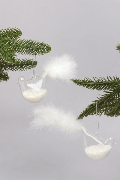 Hand-Blown Glass Dove Christmas Baubles with Feather Tails — Pair