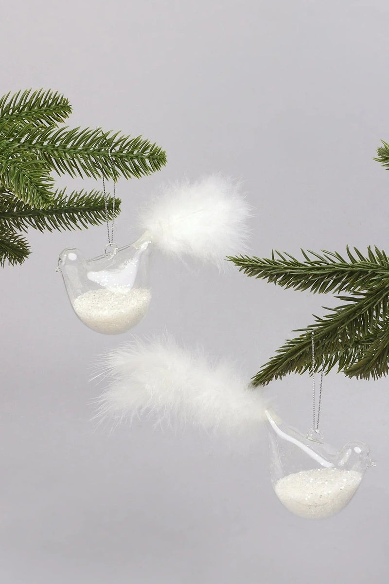 Hand-Blown Glass Dove Christmas Baubles with Feather Tails — Pair