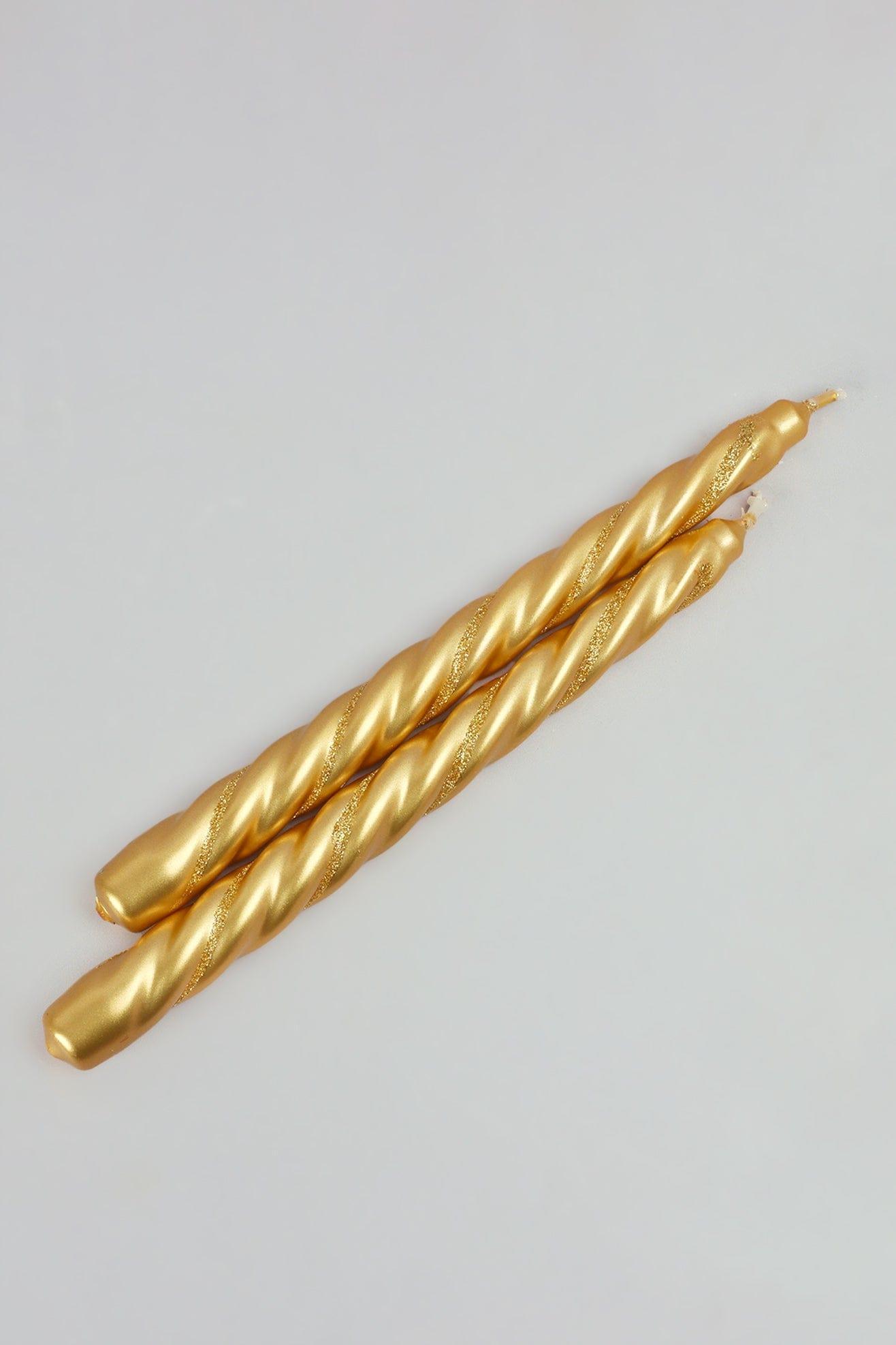 Set of 2 Handmade Maison Dorée Antique Gold Spiral Glitter Stripe Dinner &amp; Taper Candles - G Decor