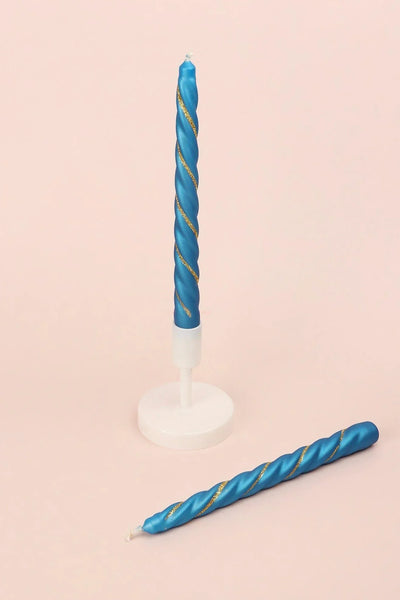 Maison Dorée Pair of Royal Blue Spiral Glitter Taper Candles