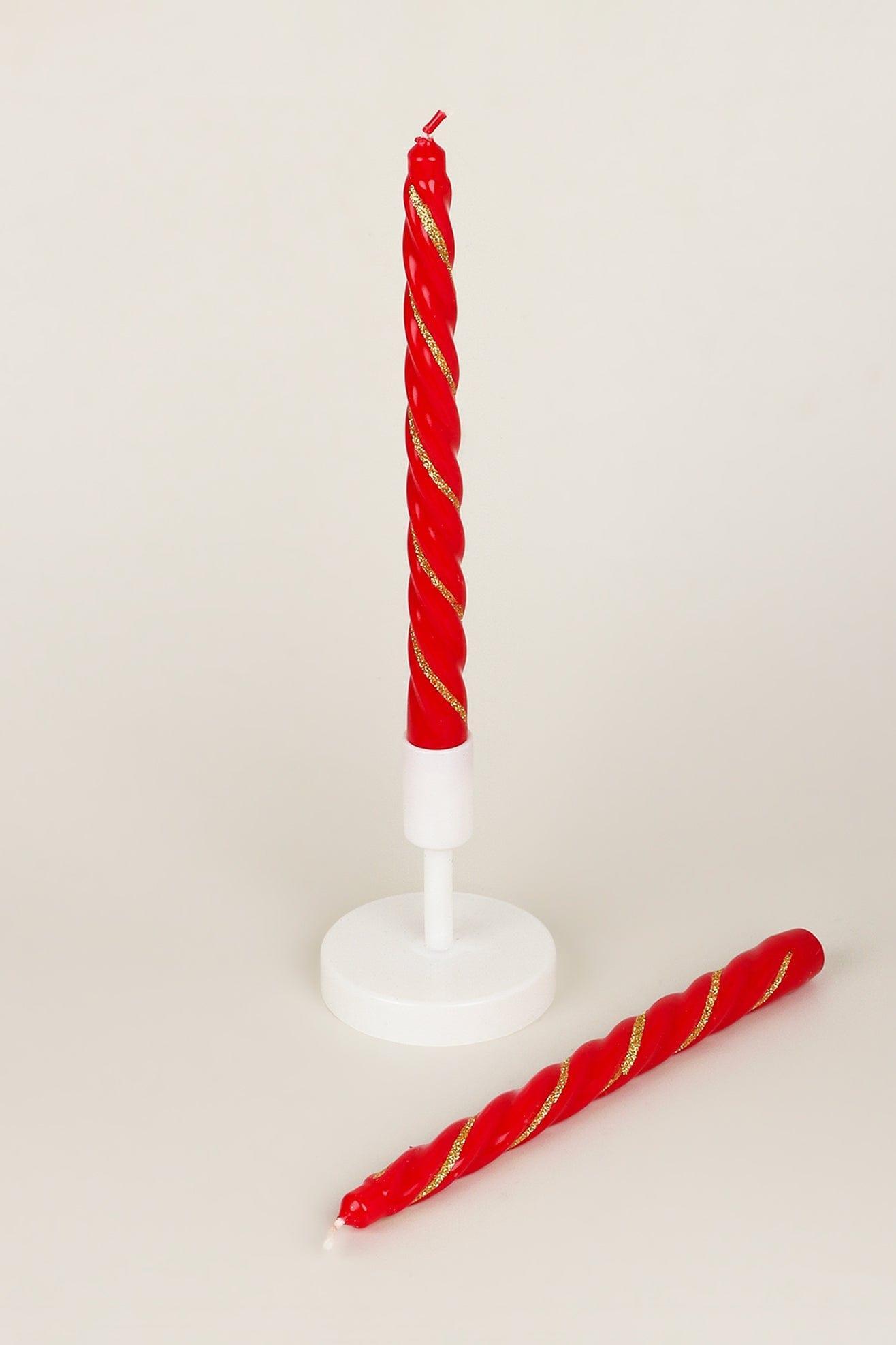 Set of 2 Handmade Maison Dorée Scarlet Red Spiral Glitter Stripe Dinner &amp; Taper Candles - G Decor