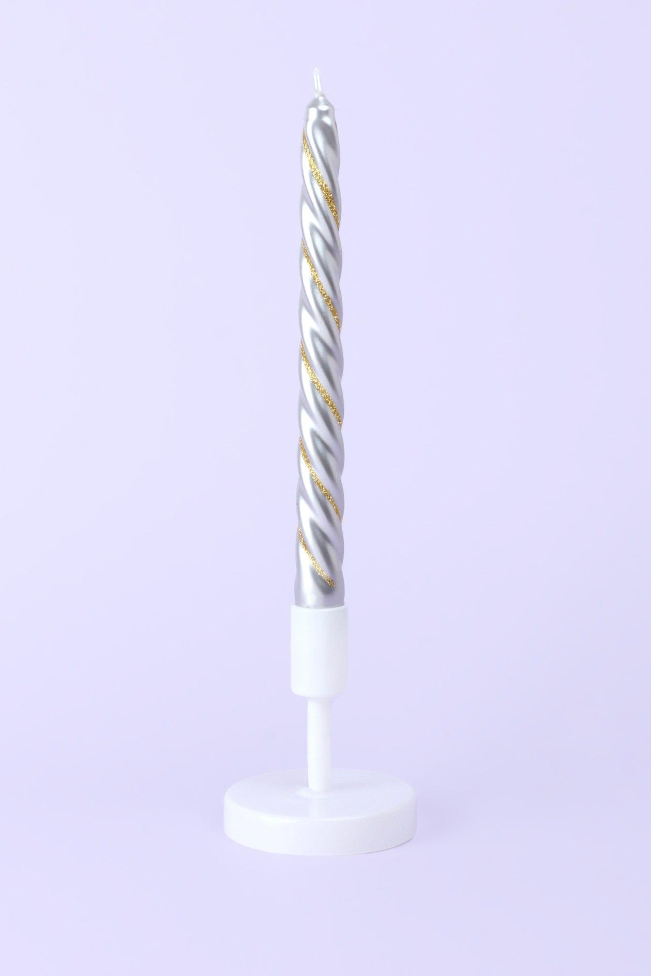 Set of 2 Handmade Maison Dorée Silver &amp; Gold Spiral Glitter Stripe Dinner &amp; Taper Candles - G Decor