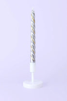 Maison Dorée Pair of Silver and Gold Spiral Glitter Taper Candles — close-up view, G Decor
