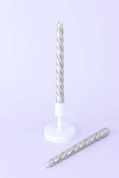 Maison Dorée Pair of Silver and Gold Spiral Glitter Taper Candles