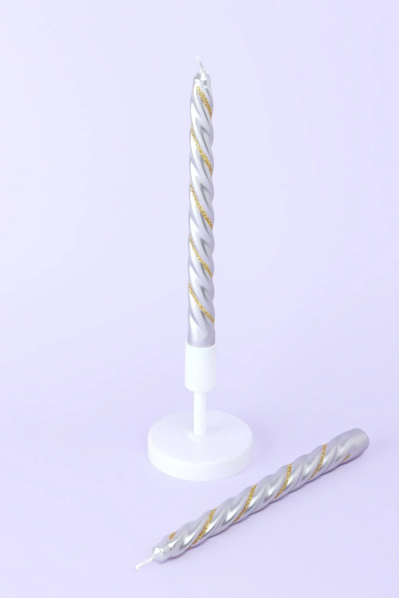 Maison Dorée Pair of Silver and Gold Spiral Glitter Taper Candles