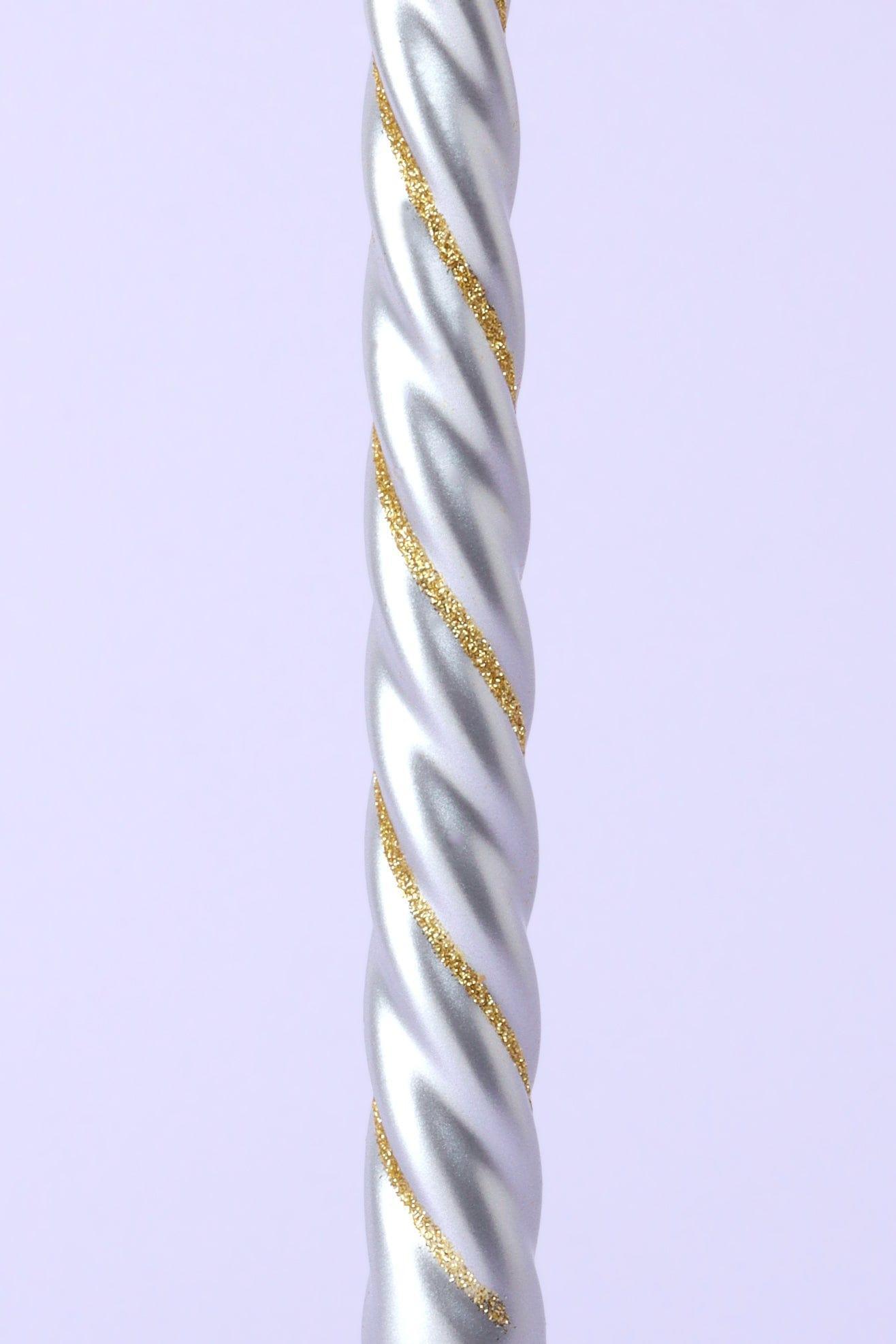 Set of 2 Handmade Maison Dorée Silver &amp; Gold Spiral Glitter Stripe Dinner &amp; Taper Candles - G Decor