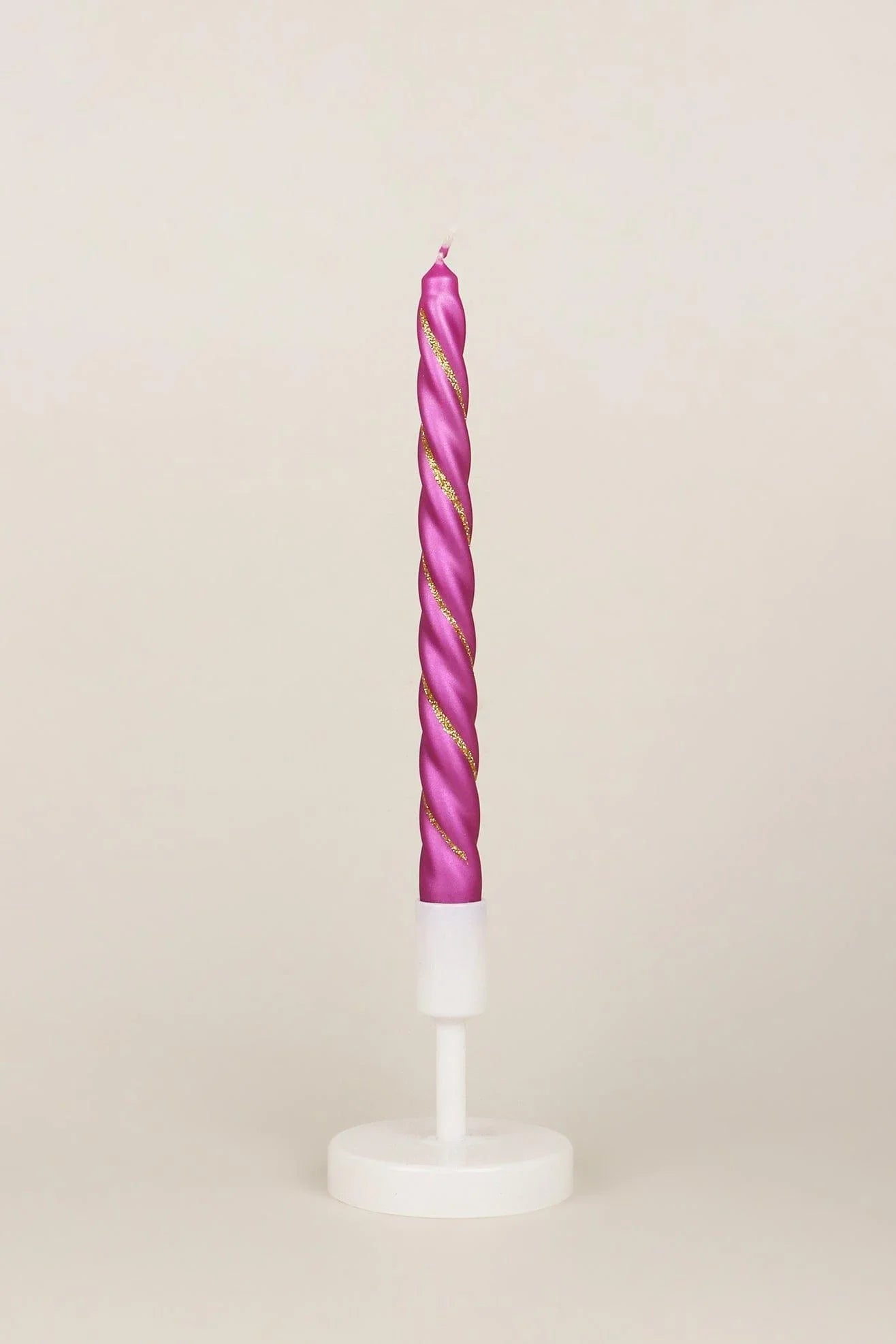 Maison Dorée Pair of Violet Orchid Spiral Glitter Taper Candles — close-up view, G Decor