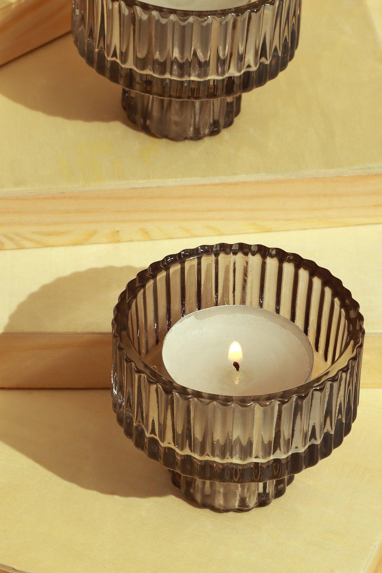 Set of 2 Reversible Grey Glass Dinner Candle/Tea Light Holders - G Decor