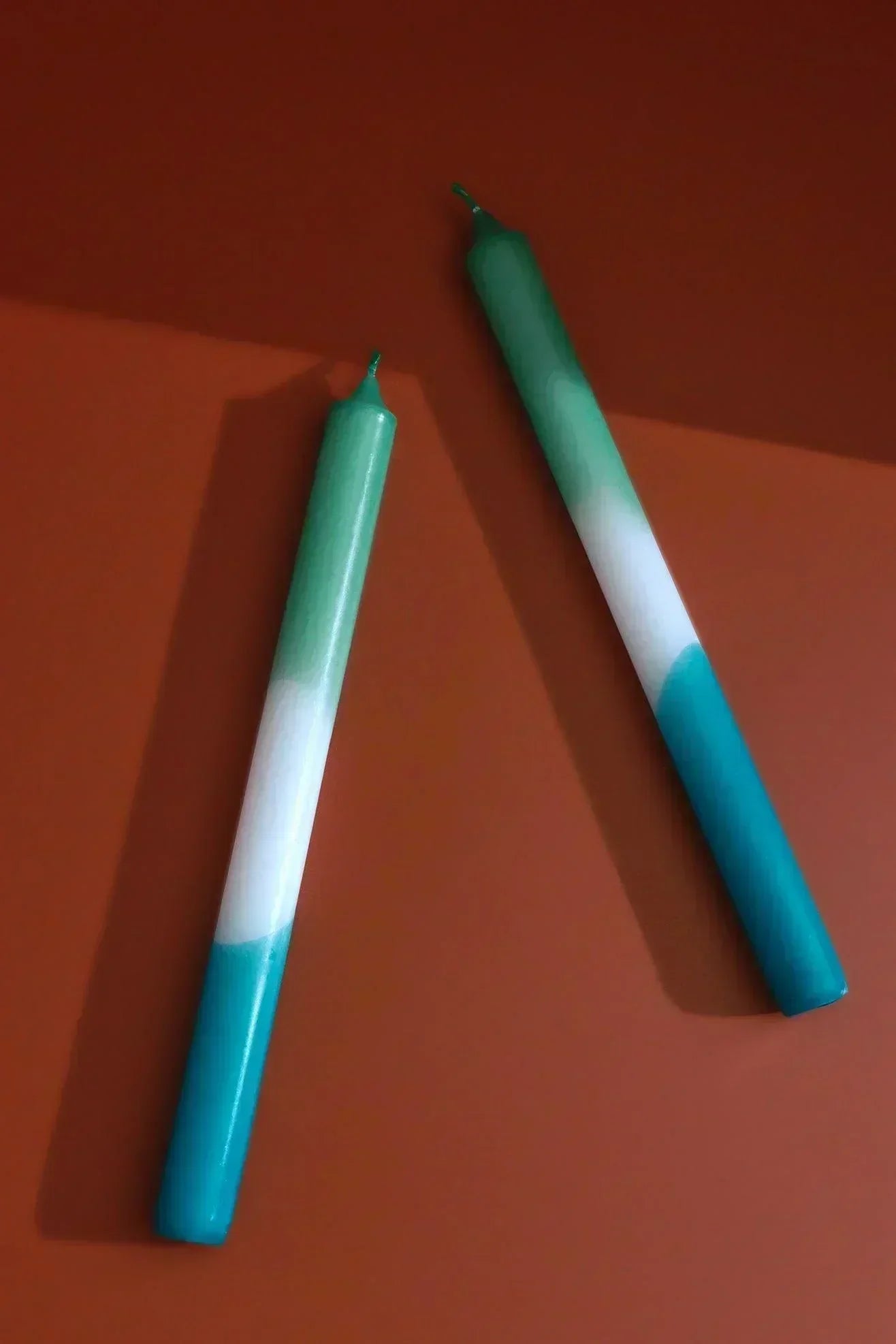 GlowTone Pine Light Ombre Taper Candles Pair — close-up view, G Decor