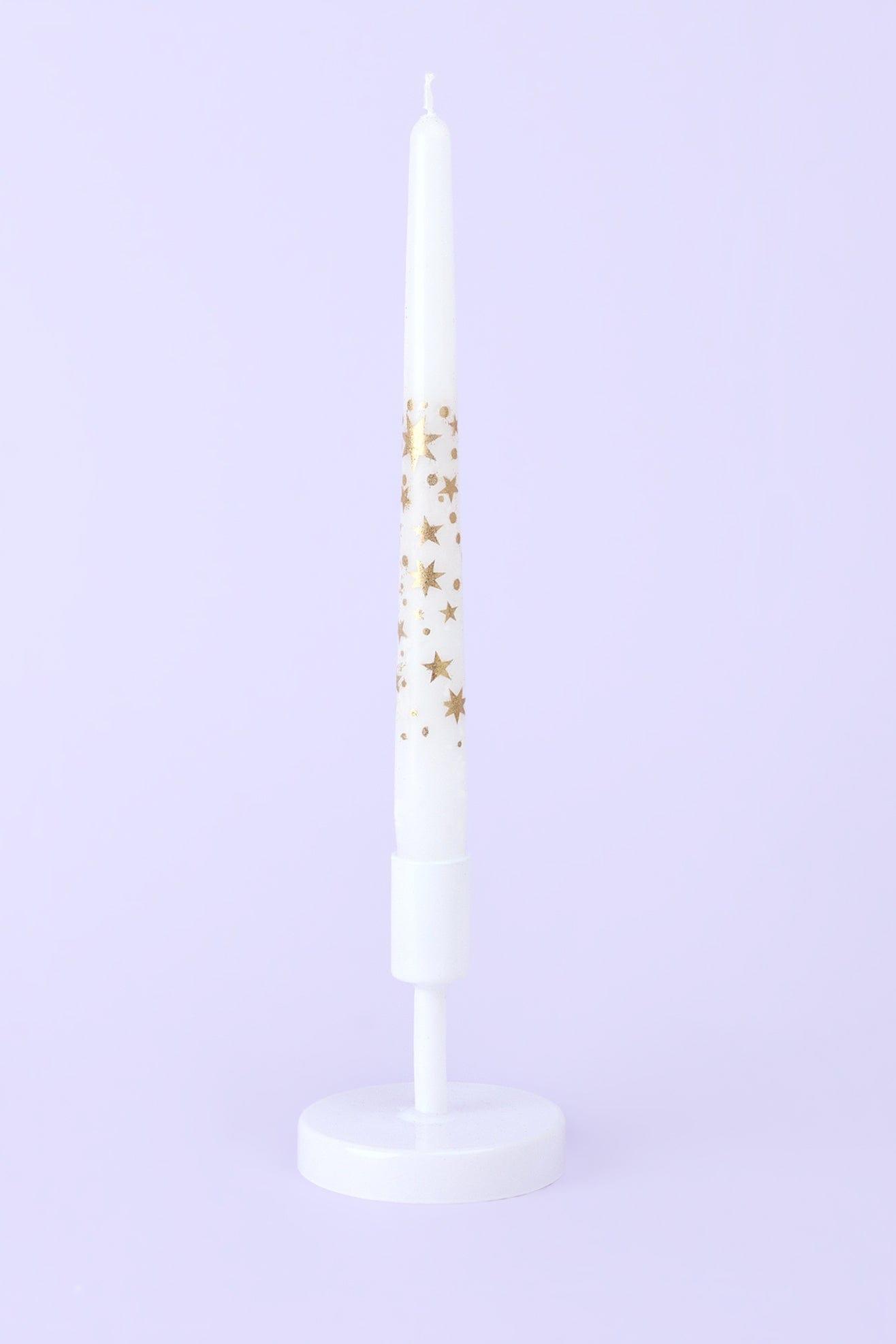 G Decor Candles & Candle Holders White Set of 2 White Dinner Candles with Gold Stars