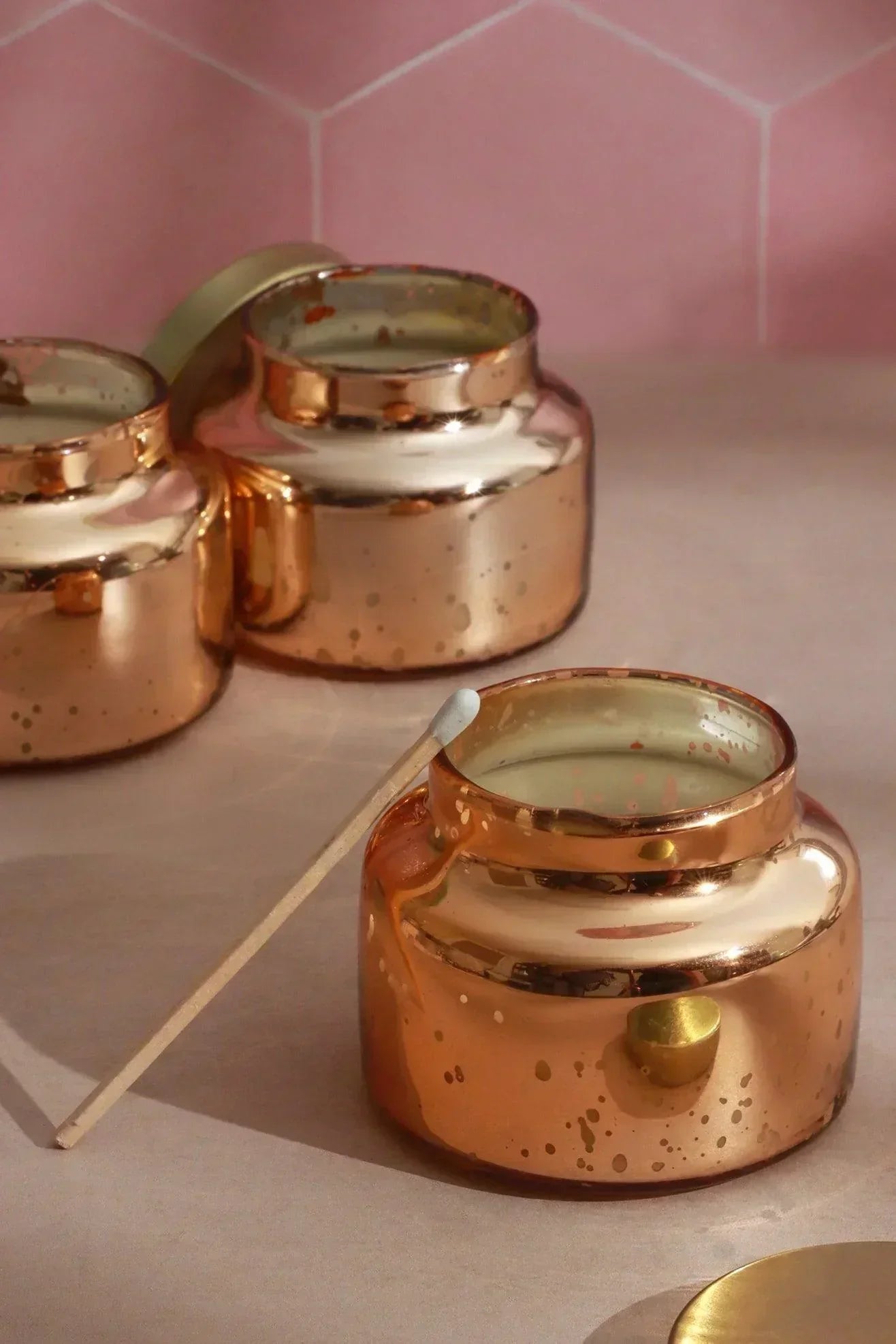 Set of 3 Aurielle Jasmine Fragrance Hand-Poured Soy Wax Jar Candles With Lid Mercury Rose Gold Finish - G Decor