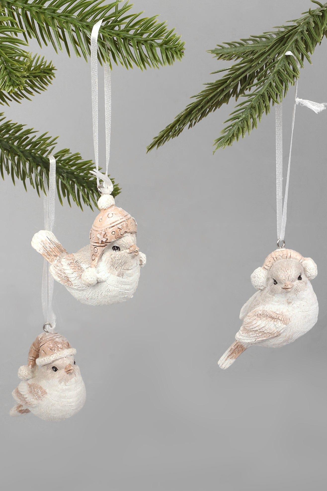 G Decor Christmas Decorations White Set of 3 Festive Birds with Winter Hats Christmas Tree Decorations