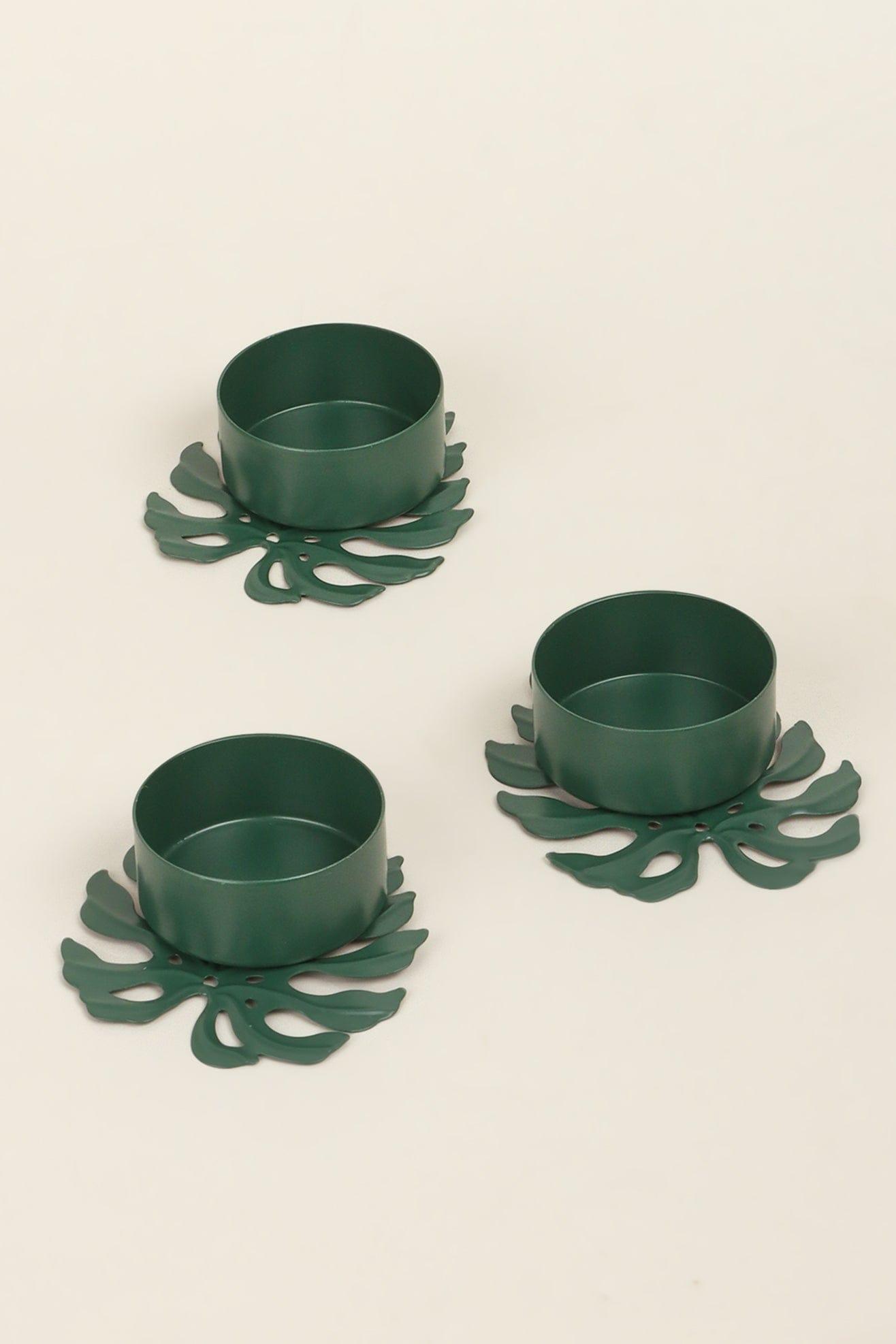 Set of 3 Green Palm Leaf Tea Light Holders - G Decor