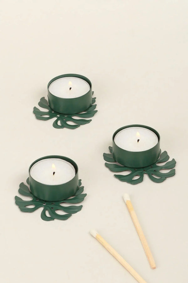 Set of 3 Green Leaf Tealight Holders in Deep Forest Green