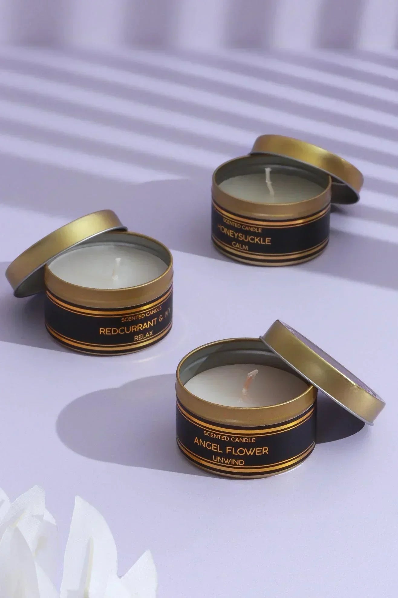 Set of 3 Scented Black Tin Candles, Angel Flower, Honeysuckle &amp; Redcurrant Ivy, Relax, Unwind &amp; Calm Collection - G Decor