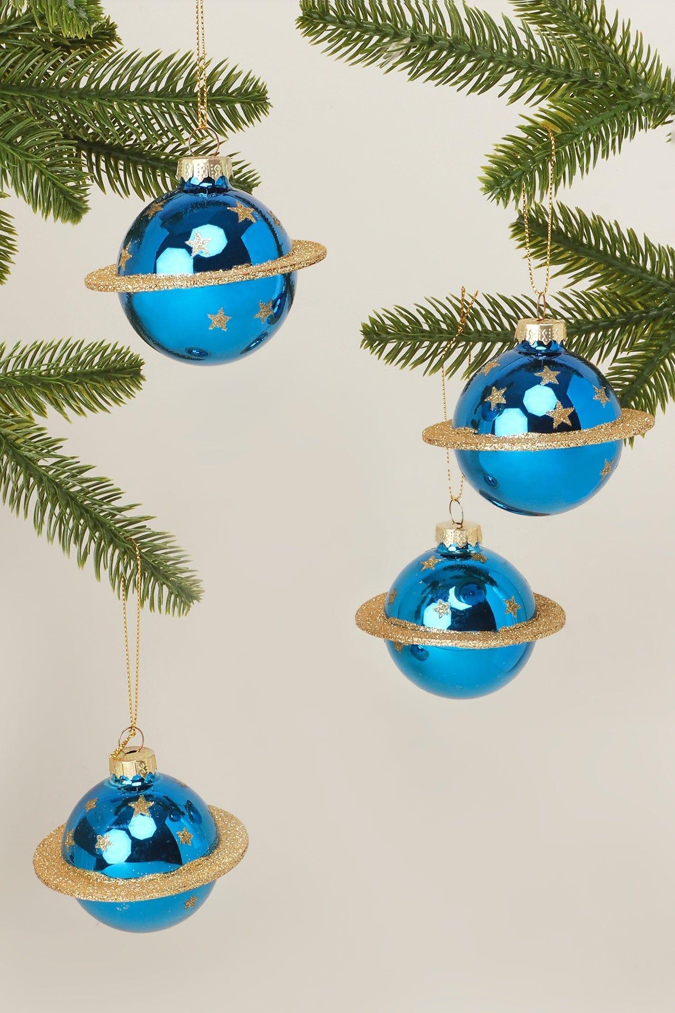 G Decor Christmas Decorations Blue Set of 4 Blue and Gold Planet Christmas Tree Baubles