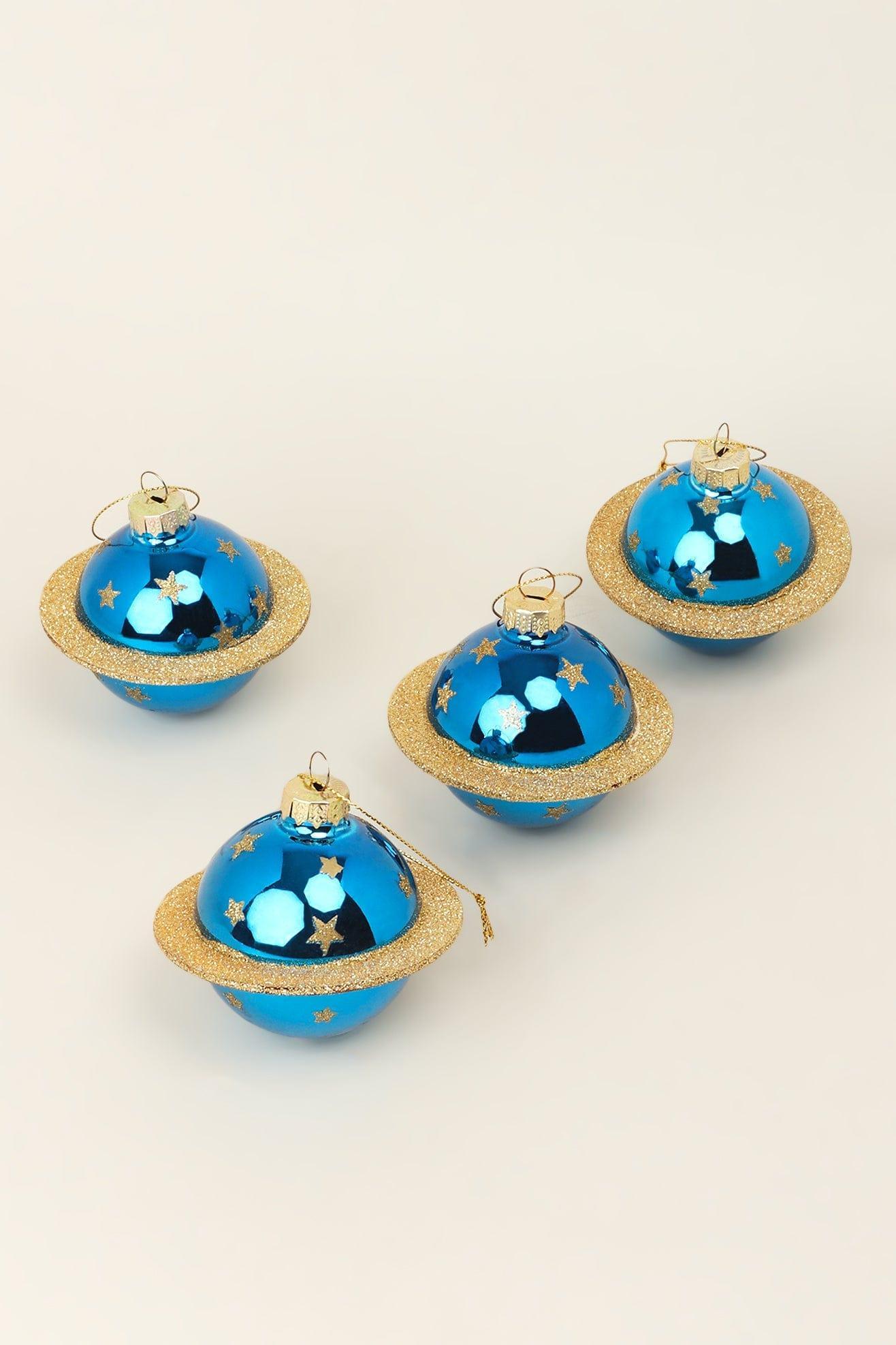 G Decor Christmas Decorations Blue Set of 4 Blue and Gold Planet Christmas Tree Baubles