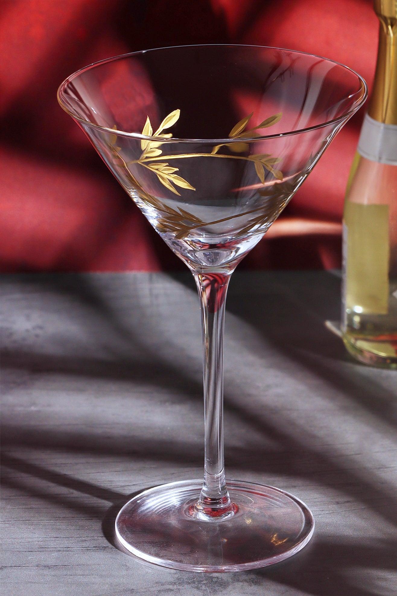 Set of 4 Botanical Martini Glasses Stylish Glassware with Gold Leaf Detail - G Decor