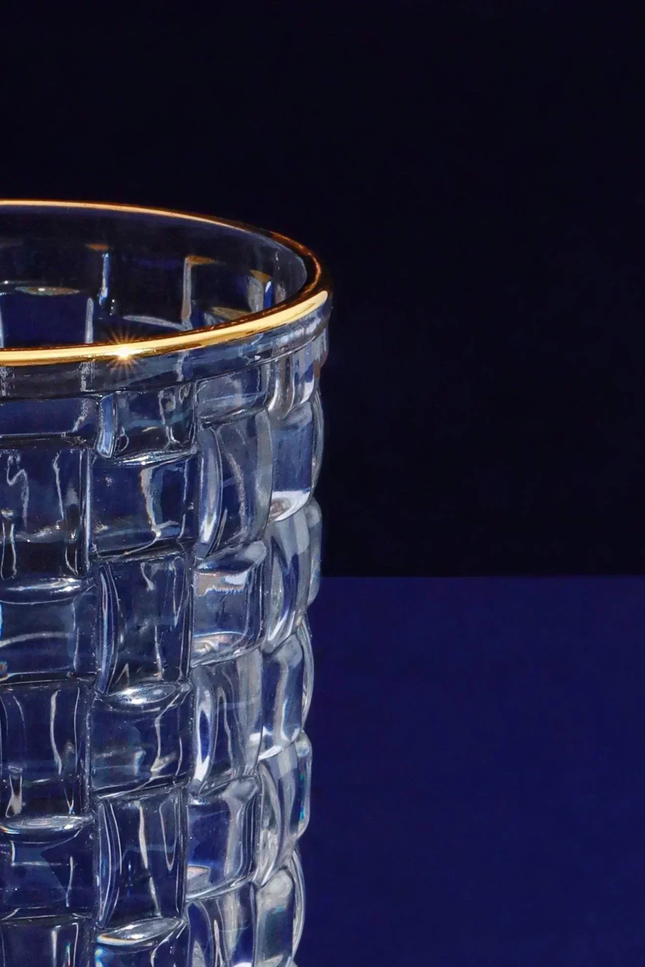 Dante Vintage Textured Highball Glasses with Gold Rim Set of 4 — lifestyle view, G Decor
