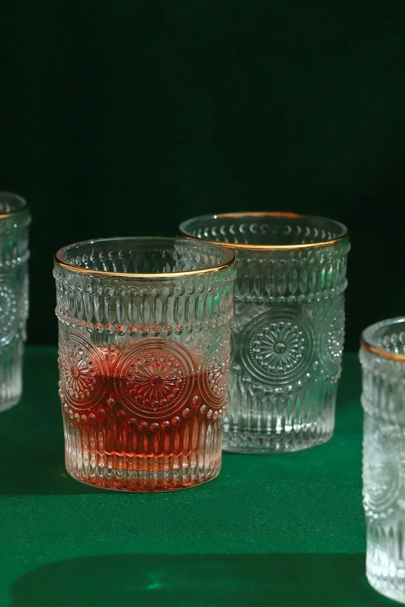 Dario Vintage Sunflower Embossed Tumblers with Gold Rim — Set of 4