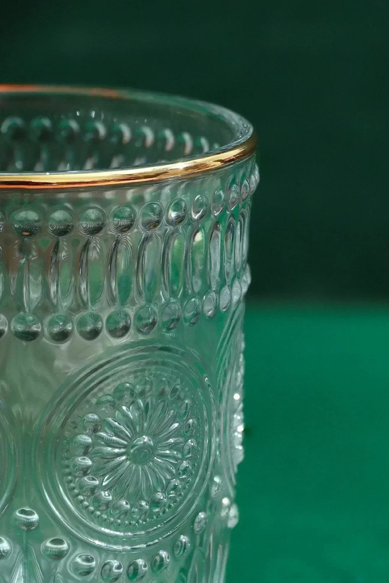 Dario Vintage Sunflower Embossed Tumbler Glasses with Gold Rim Set of 4 — close-up view, G Decor