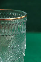 Dario Vintage Sunflower Embossed Tumbler Glasses with Gold Rim Set of 4 — close-up view, G Decor