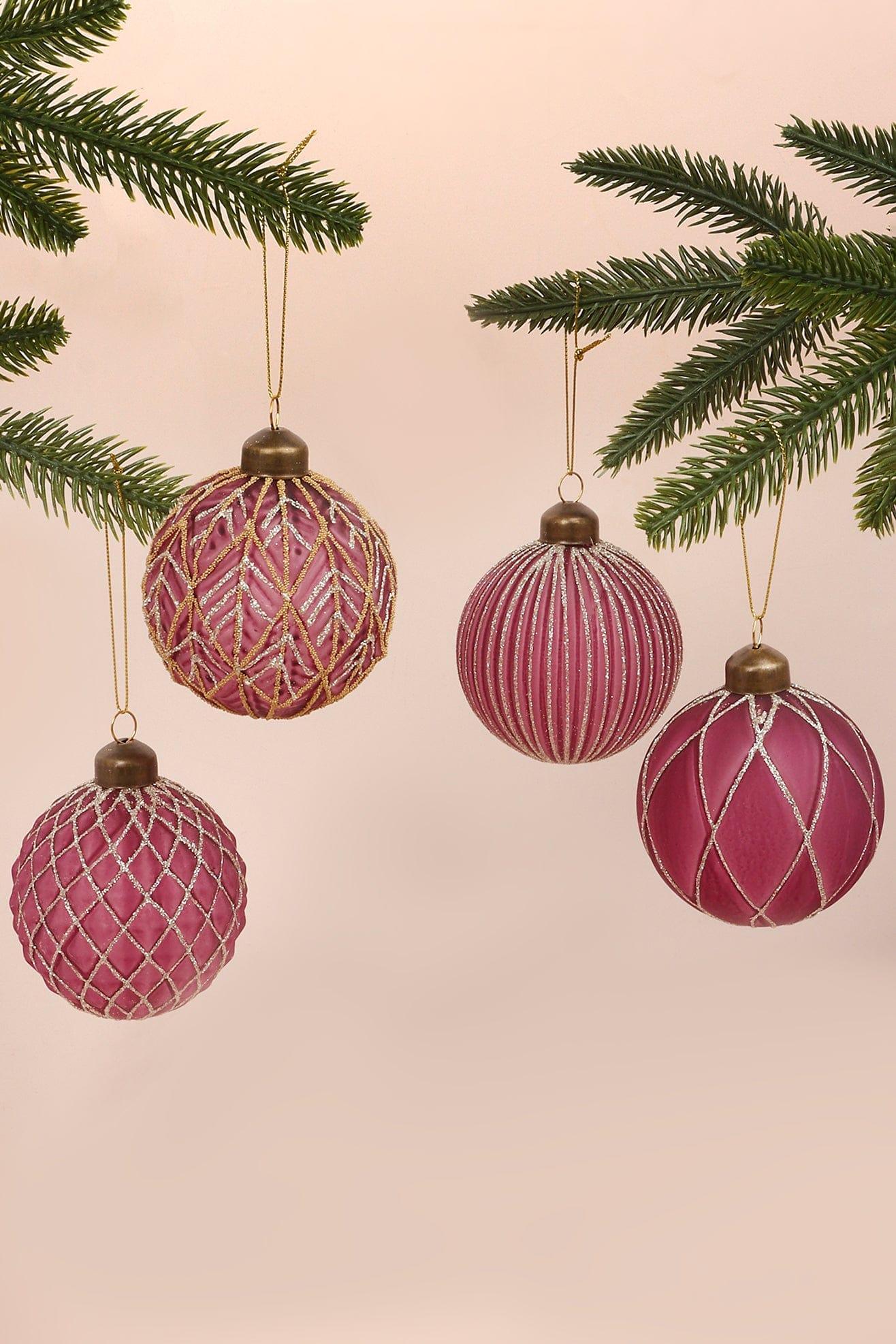 G Decor Christmas Decorations Pink Set of 4 Elegant Pink Glass Christmas Tree Baubles with Gold Glitter Patterns