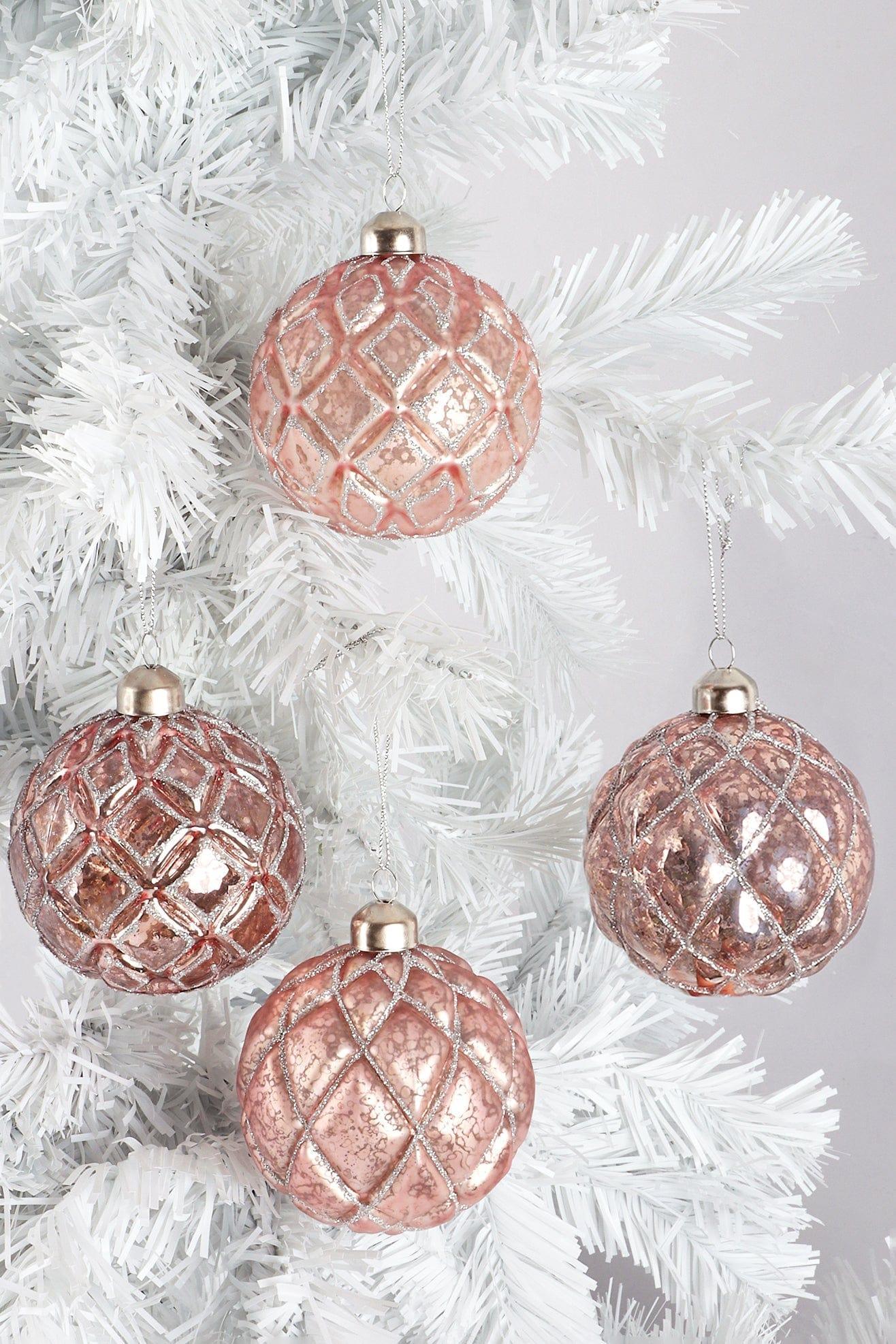 G Decor Christmas Decorations Pink Set of 4 Glass Elegant Pink Christmas Tree Baubles with Silver Glitter Patterns