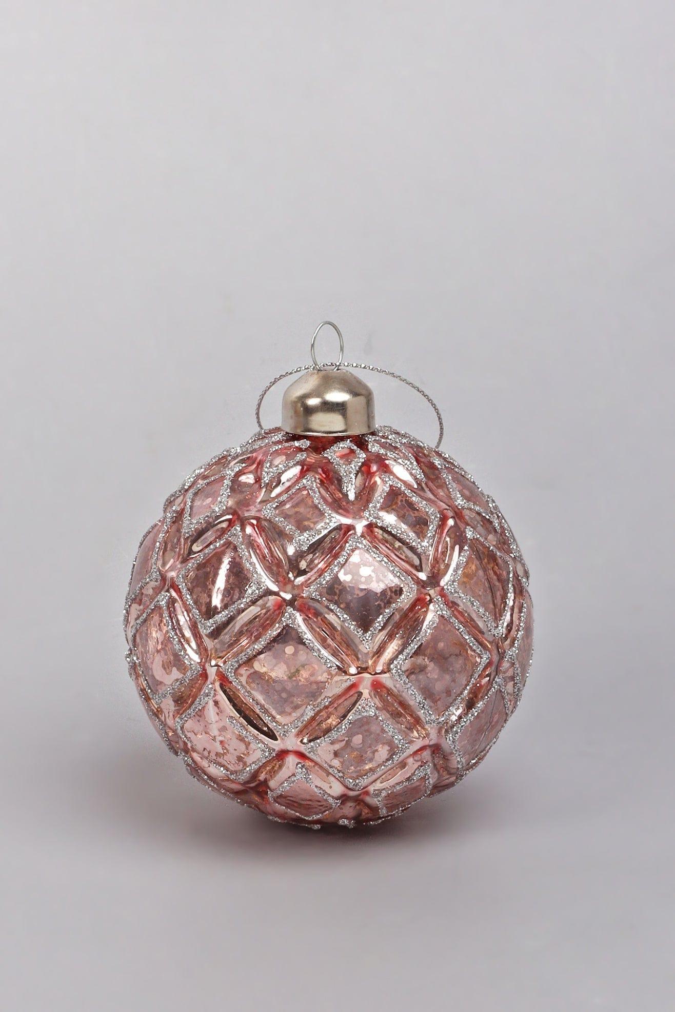 G Decor Christmas Decorations Pink Set of 4 Glass Elegant Pink Christmas Tree Baubles with Silver Glitter Patterns