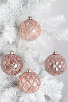 Set of 4 Hand-Painted Glass Blush Pink Mercury Effect Baubles Antique Rose Pink Christmas Tree Decorations with Silver Glitter Pattern - G Decor