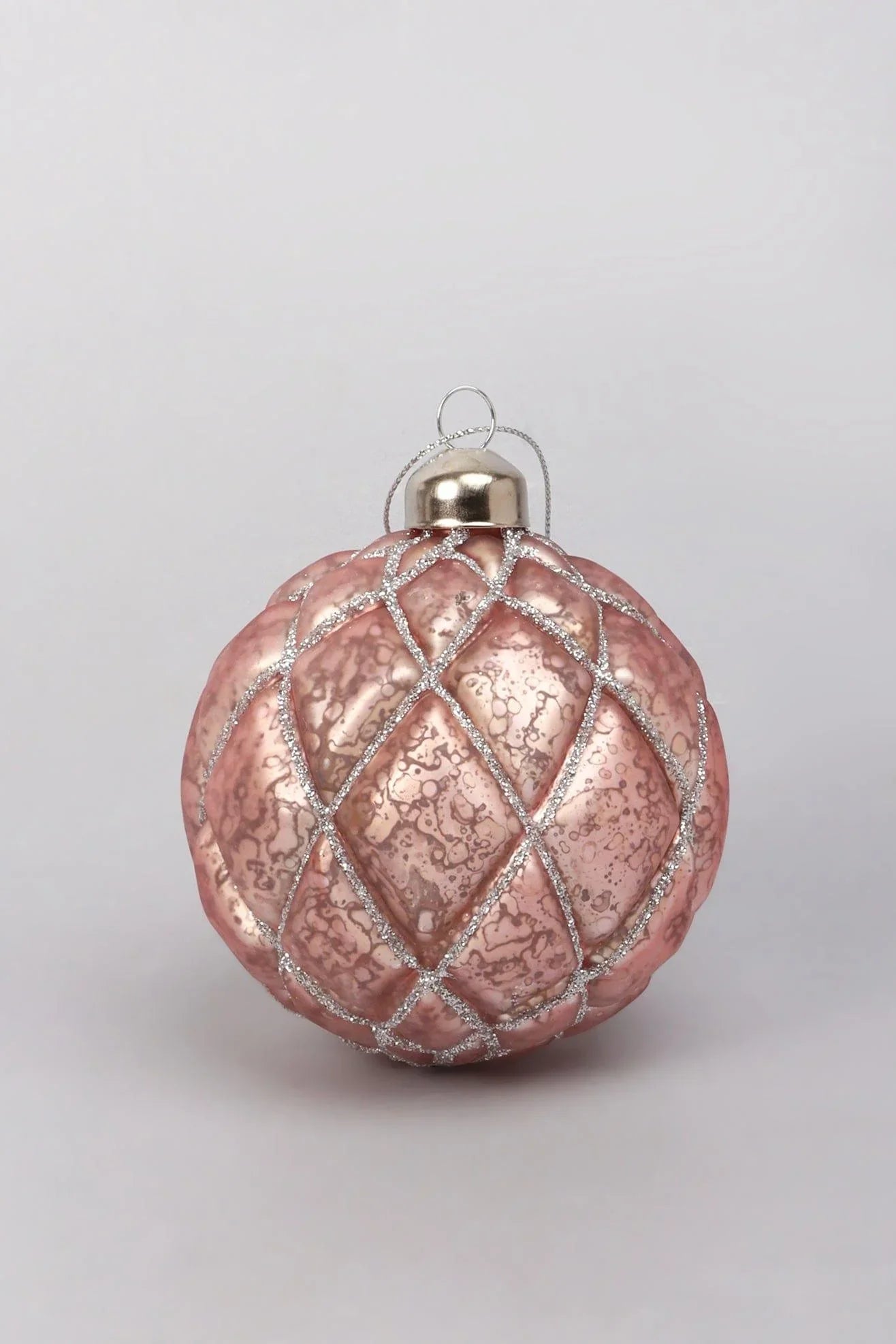 Set of 4 Antique Rose Pink Mercury Glass Christmas Baubles — close-up view, G Decor