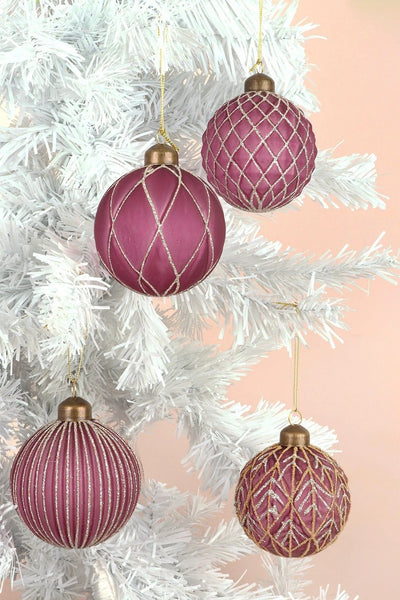 Hand-Painted Pink Plum Glass Christmas Baubles — Set of 4
