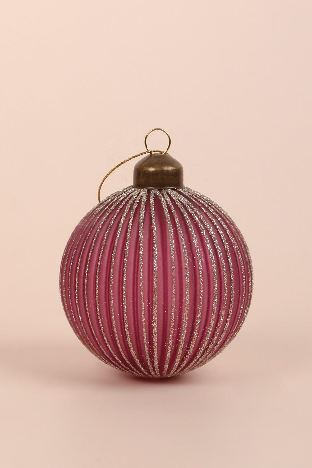 Set of 4 Hand-Painted Glass Rich Pink Plum Glass Christmas Tree Baubles with Gold and Silver Glitter Hanging Ornaments - G Decor