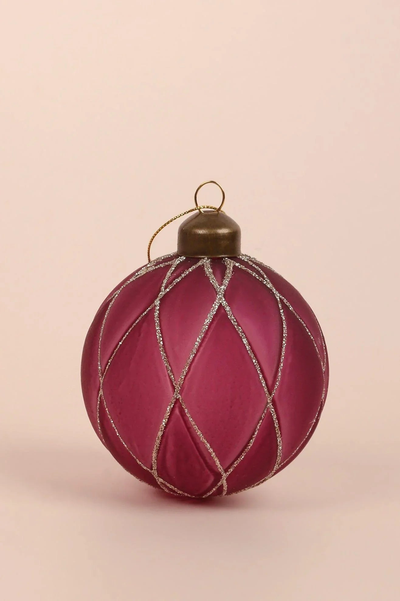 Set of 4 Pink Plum Glass Christmas Baubles with Gold and Silver Glitter — close-up view, G Decor